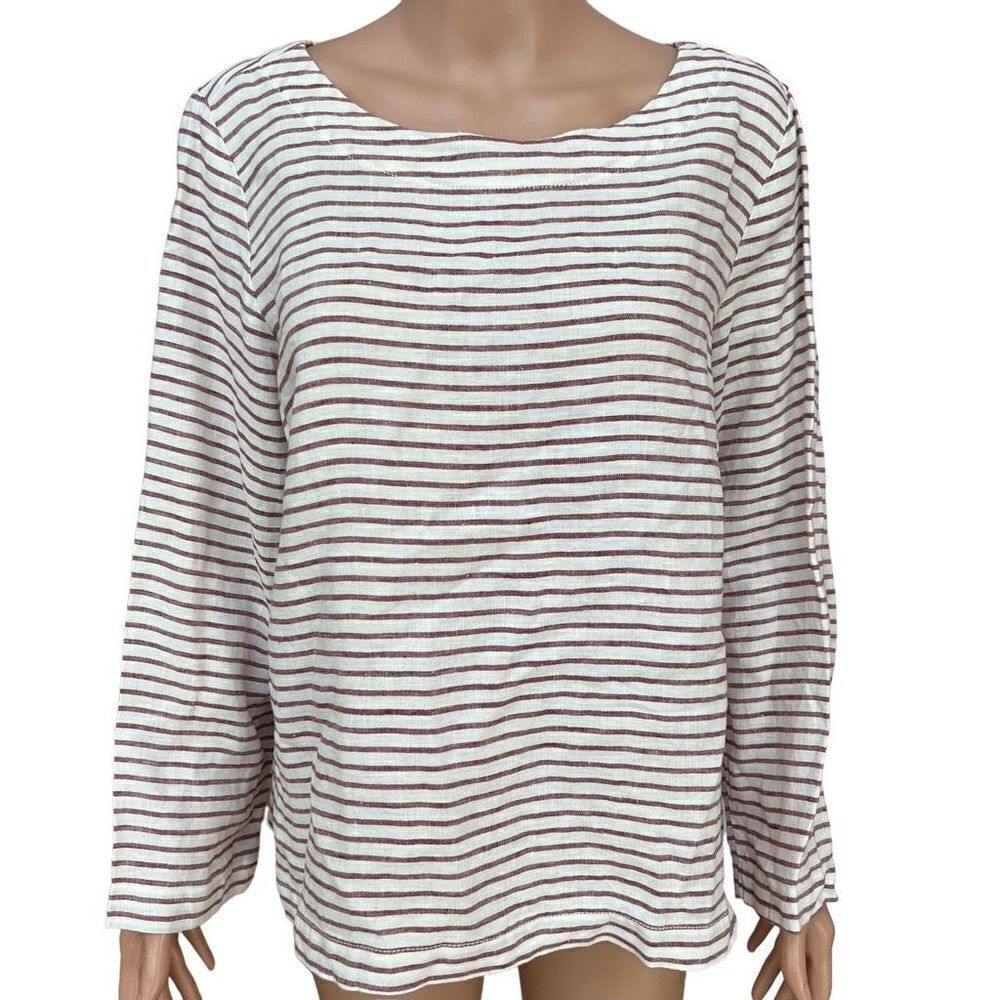 Sigrid Olsen Red Striped 100% Linen Blouse Tunic top Boat Neck Sz M